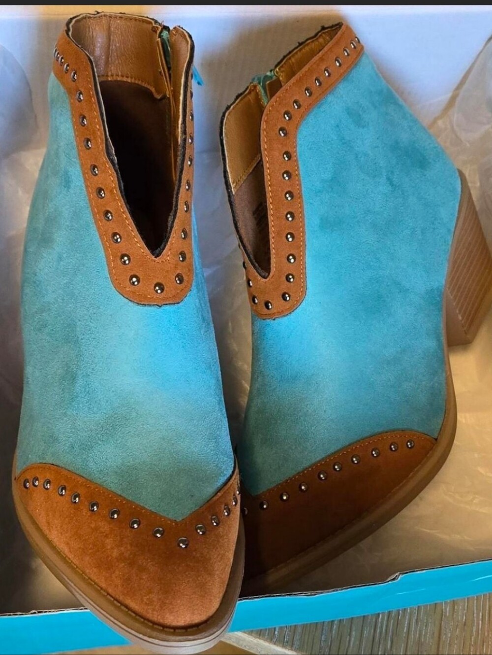 Rowdy Crowd,Turquoise and Brown Suede-Look Women's Ankle Booties w/Stud Detail,8